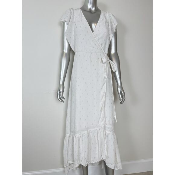 DREW Wrap Midi Dress White Gold Stardust Hi Low Ruffle S - Picture 2 of 12